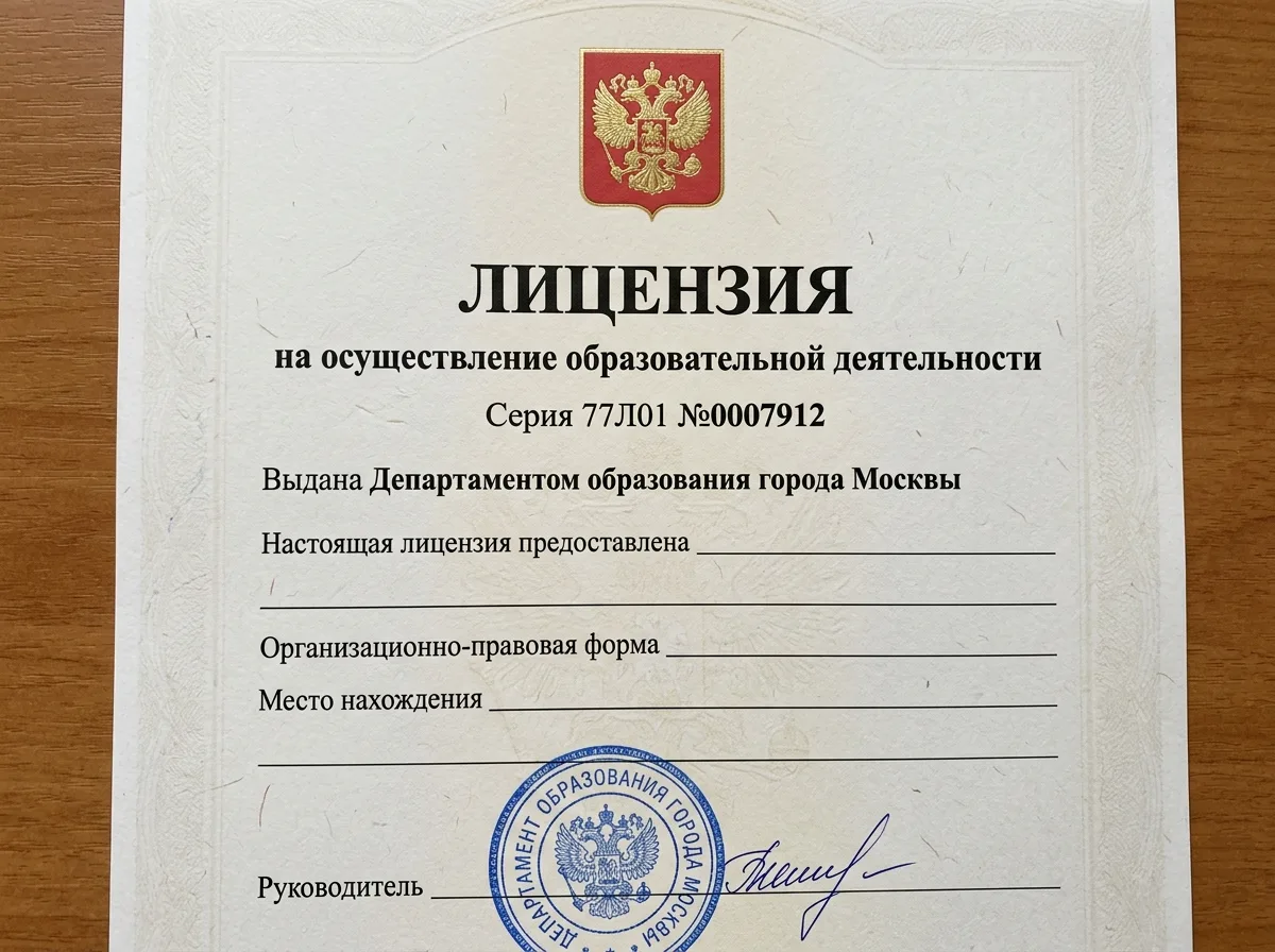 Лицензия на образовательную деятельность серия 77Л01 №0007912, выданная Департаментом образования города Москвы, официальный документ на гербовой бумаге