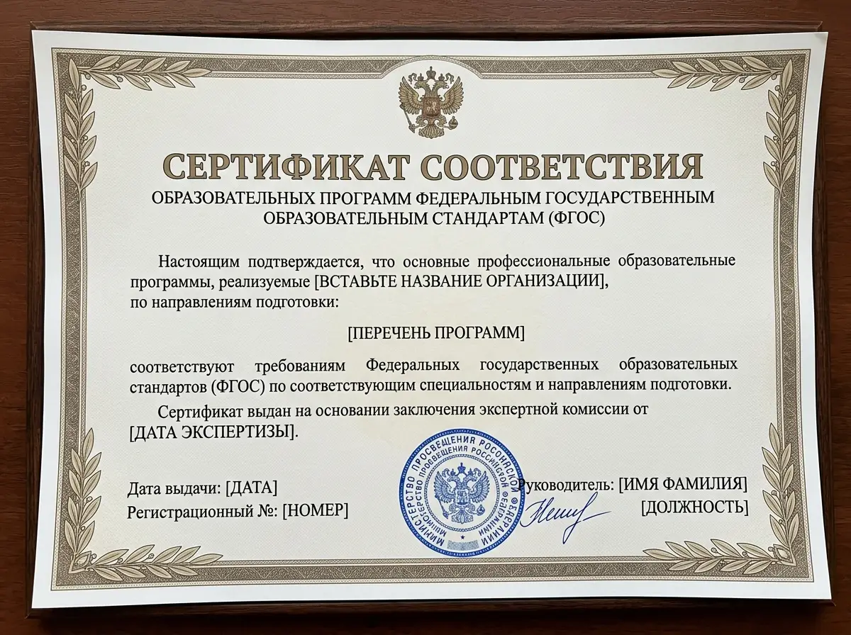 Сертификат соответствия программ обучения требованиям ФГОС, официальный документ с подписью и печатью, свидетельствующий о соответствии программ федеральному стандарту