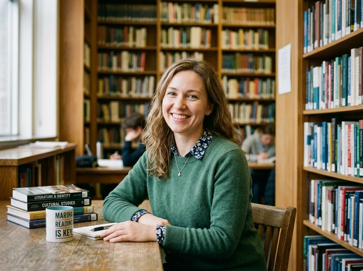 Портрет женщины, Марина Кузнецова, улыбается, естественный свет, книги на фоне, образовательная обстановка